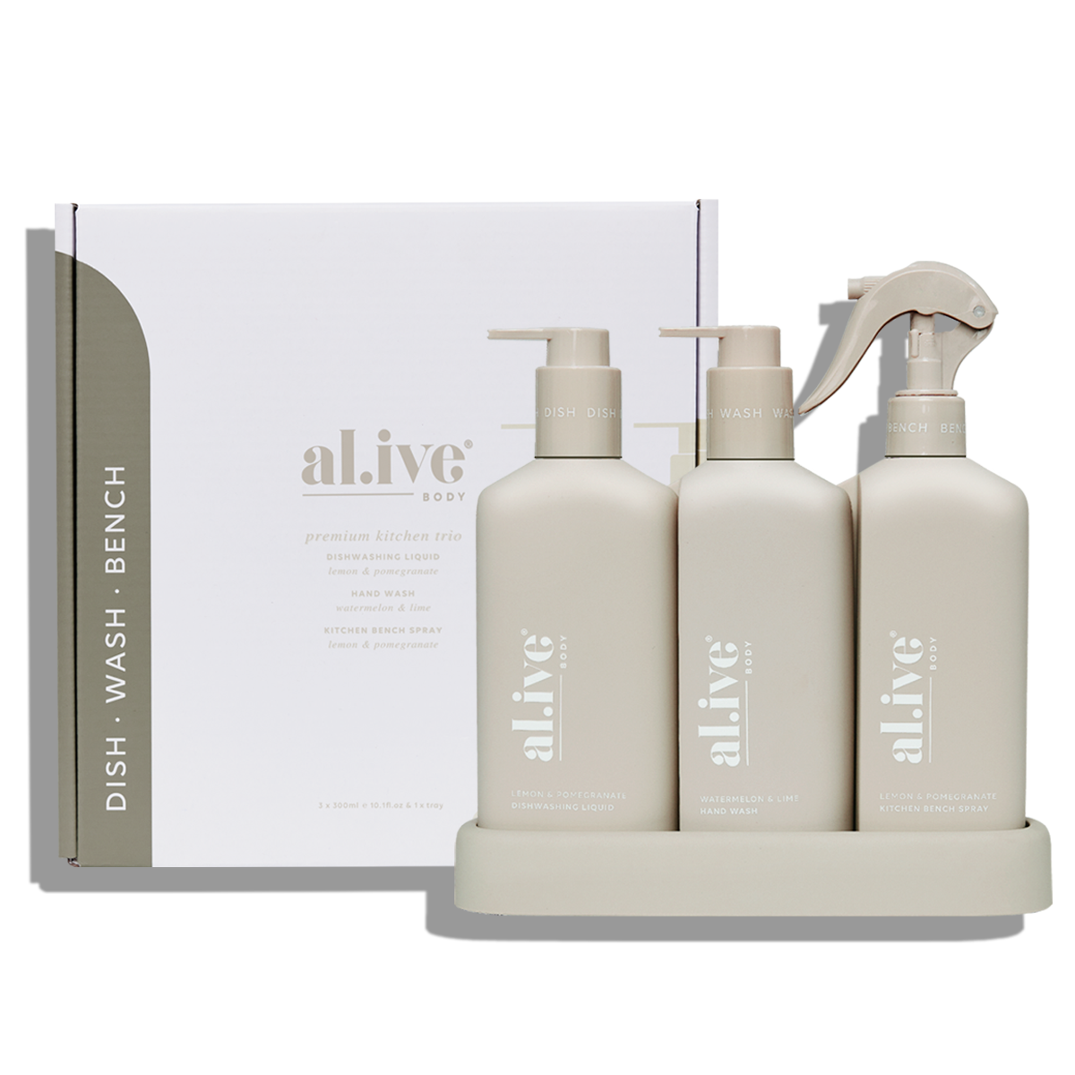 Al.ive Premium Kitchen Trio - Dishwashing Liquid + Hand Wash & Bench Spray